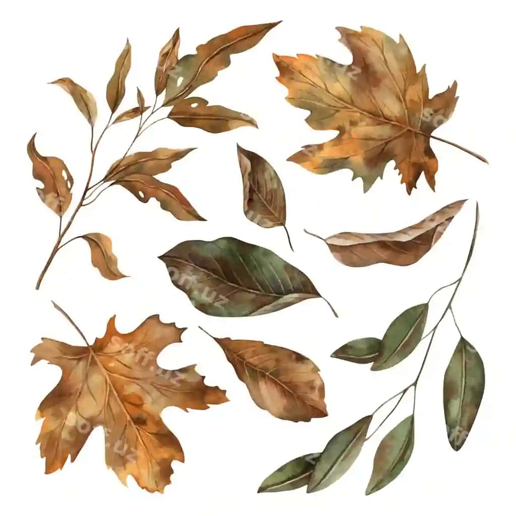 Guruchlik varaq turli bosqichlar halo akvarel botanik to'plami | Autumn leaves various stages decay watercolor botanical collection
