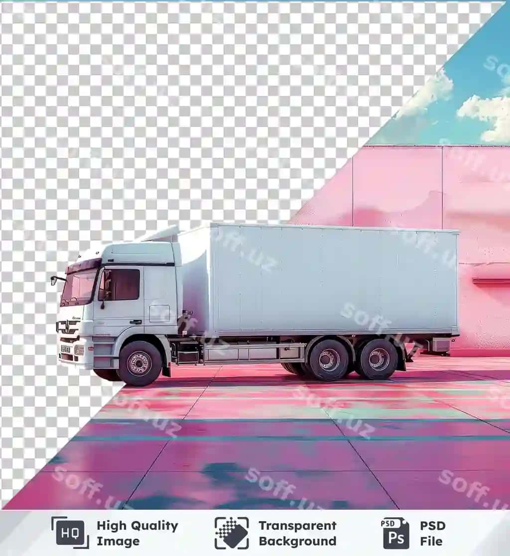 Namuna oq yuk avtomobili pink devor oldida to'xtatilgan, ko'k osmon va oq bulutlar bilan | Mockup white truck parked front pink wall with blue sky white clouds