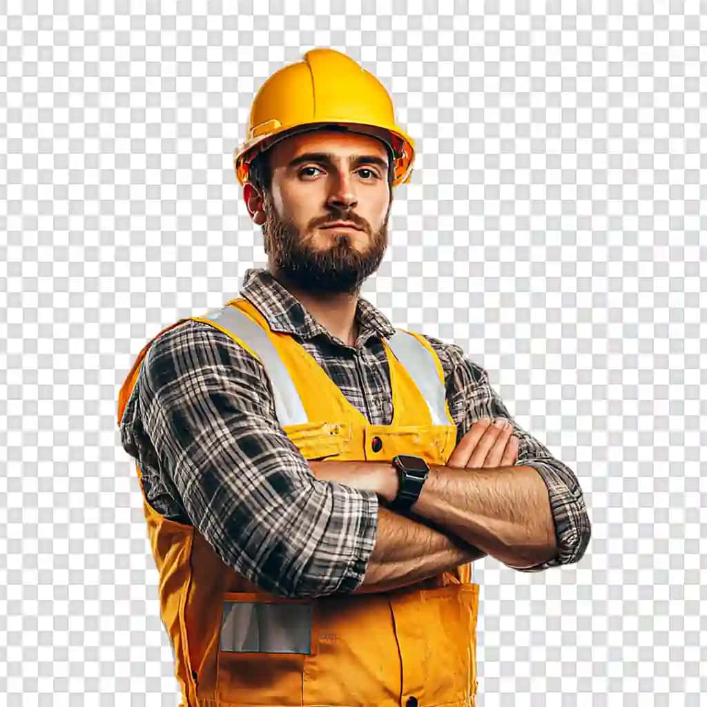Shaffof fonda yelek dubulg'ali qurilish ishchisi muhandisi | Construction worker engineer with vest helmet transparent background