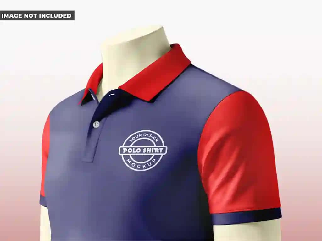 Qizil ko'k rang sxemali polo ko'ylak maketi | Polo shirt mockup with red blue color scheme