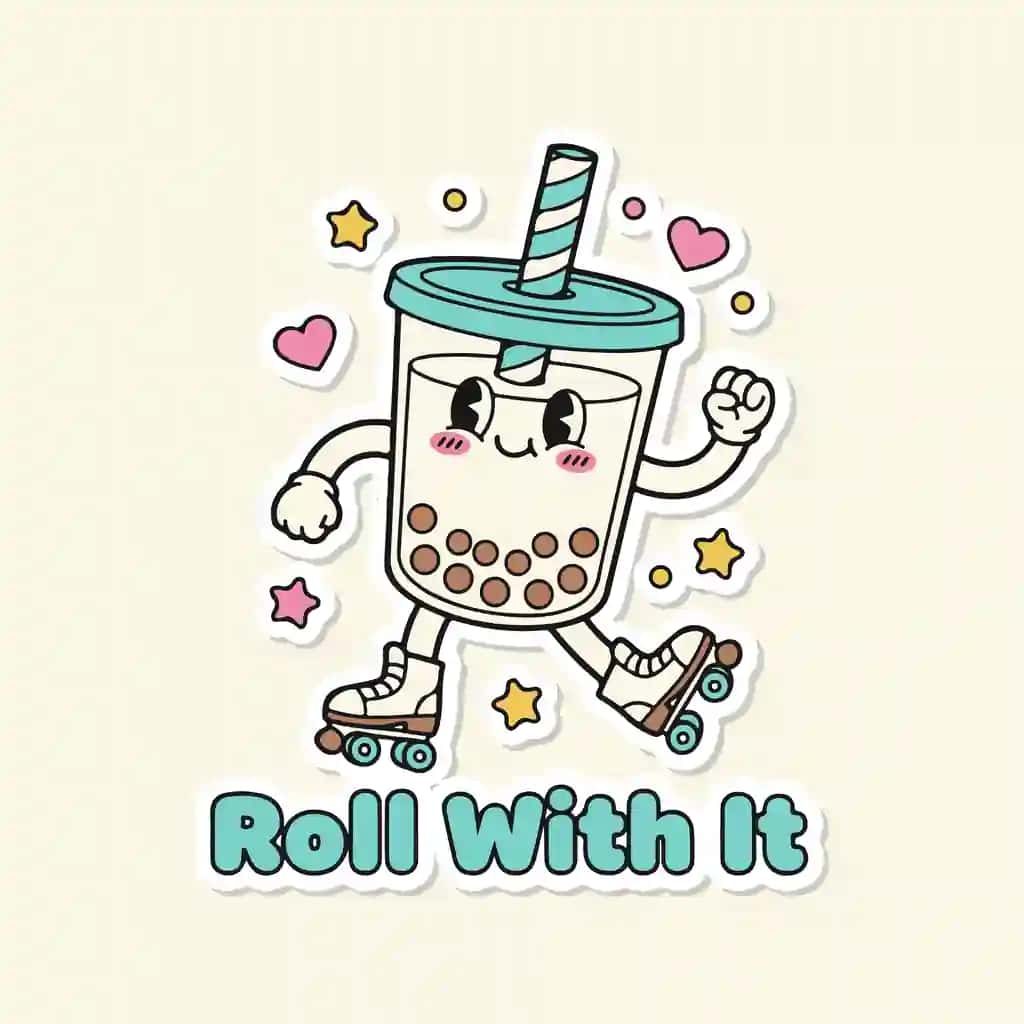 Yoqimli pufakchali choy maskotining multfilmi. Rolikli konki | Cute bubble tea mascot cartoon illustration with roller skates roll