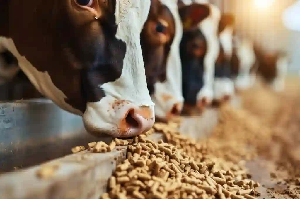 Sog'in sigirlar qatorda aralash ozuqa stoli, zamonaviy sut fermasi | Dairy cows stand row eat compound feed feed table modern dairy farm