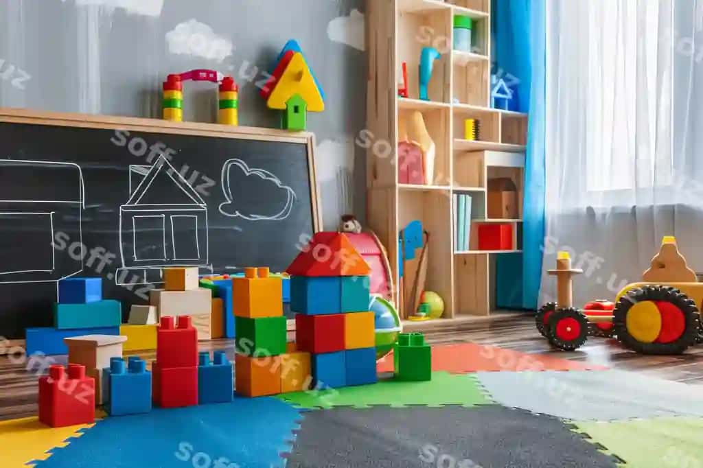 Rangarang ta'lim bloklari bolalar o'yin xonasi chalkboard bilan bog' bolalar uchun ich sahna | Colorful educational blocks kids playroom with chalkboard preschool kindergarten interior