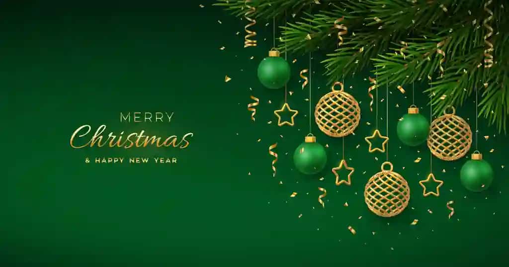 Rojdestvo fonida osilgan porlab turgan oltin yashil sharlar | Christmas background with hanging shining golden green balls gold