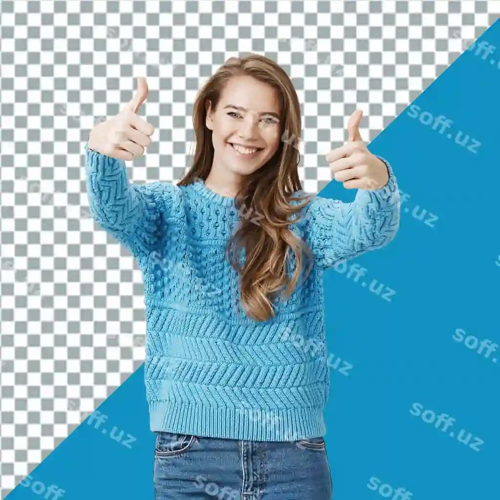 Psd ayol ko'k sviterda boshini olish shaffof fonda | Psd woman blue sweater giving thumbs transparent background