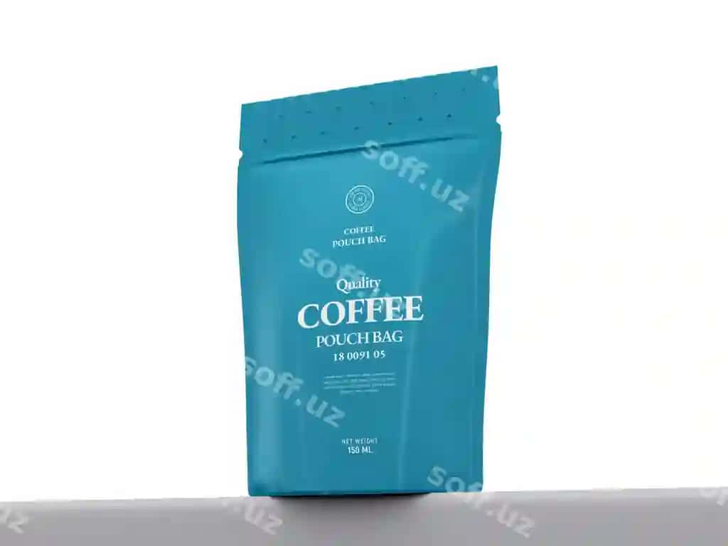 Soya foliya tikkan holda qahveh pouch bag packeting namuna | Glossy foil stand up coffee pouch bag packaging mockup