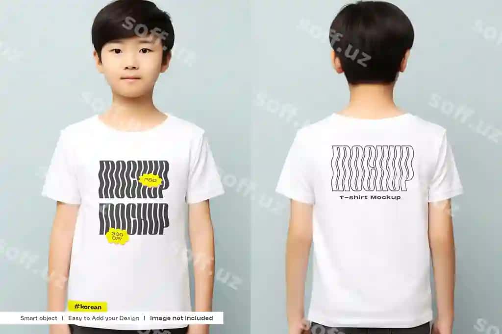 Koreyslik bolalar futbolka mockup oldi orqa ko'rinishi | Korean boy tshirt mockup front back view