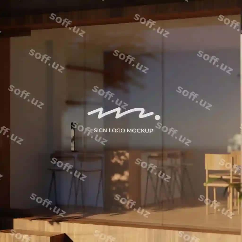 Oyna stekli doʻkon fasadsi logotip namunasi | Window glass storefront logo mockup