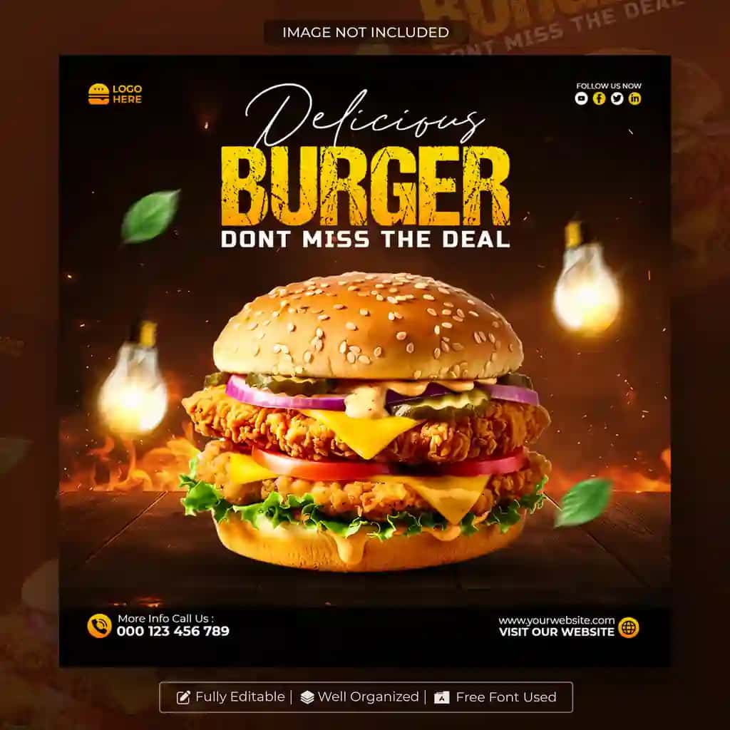 Mazali burger taomlari ijtimoiy media instagram post shabloni | Delicious burger food social media instagram post template