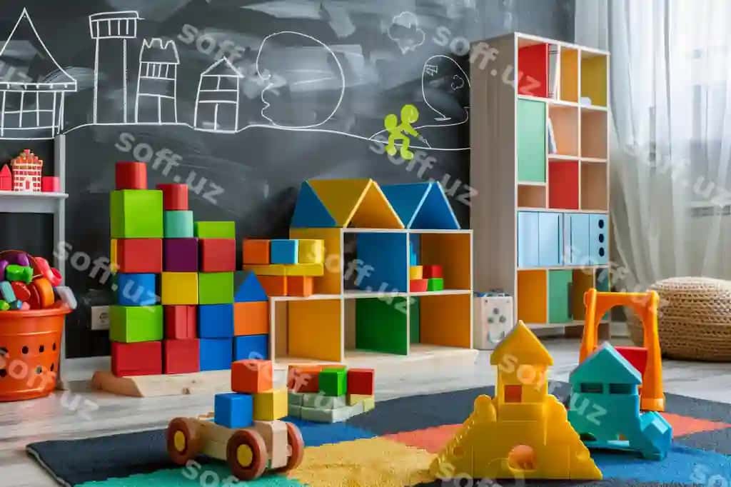 Rang-barang ta'lim maqsadli bloklar bolalar o'yin xonasida binofat kalemtahta orqa fonda | Colorful educational blocks children s playroom with vibrant chalkboard background