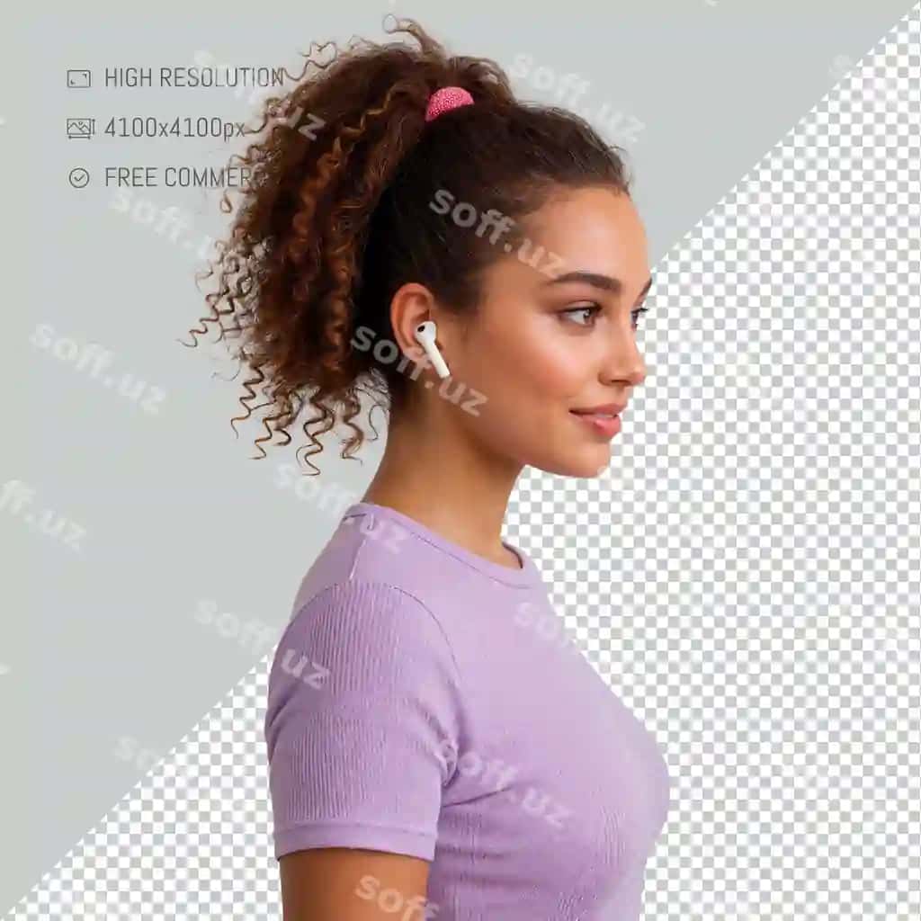 Ayol simsiz quloqchinlar kiyimda yonboshimcha gulmoqda, ayol foydalanayotgan. | Woman wearing wireless earphones smiling sideways mulher usando