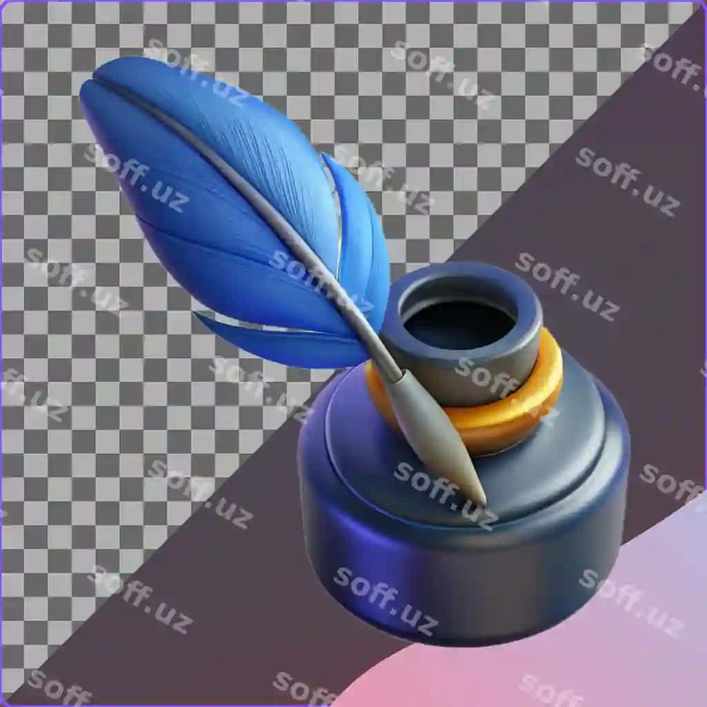3D ko'k rangli qalam siyoh bo'lagi | 3d render blue quill pen inkwell