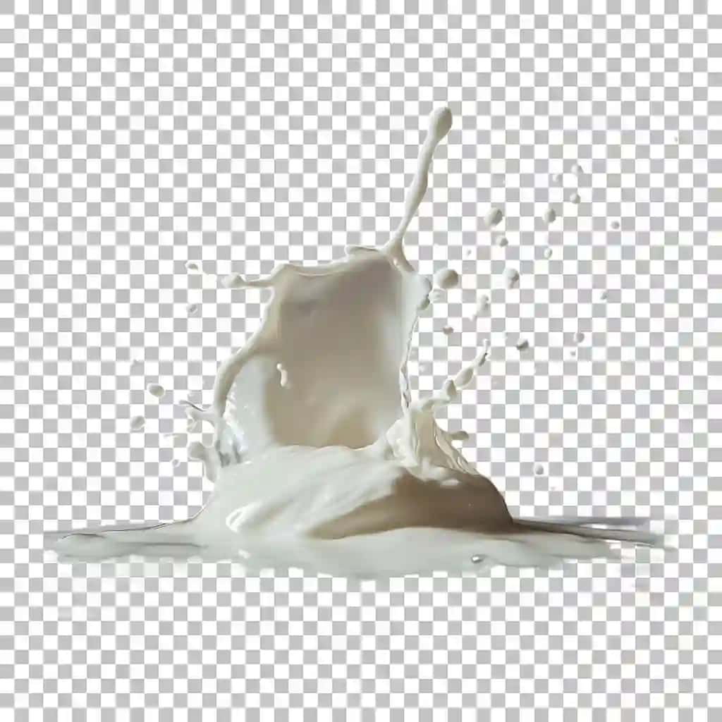 Shaffof fonda ajratilgan tomchilar bilan haqiqiy sut chayqalishi | Realistic milk splash with droplets isolated transparent background