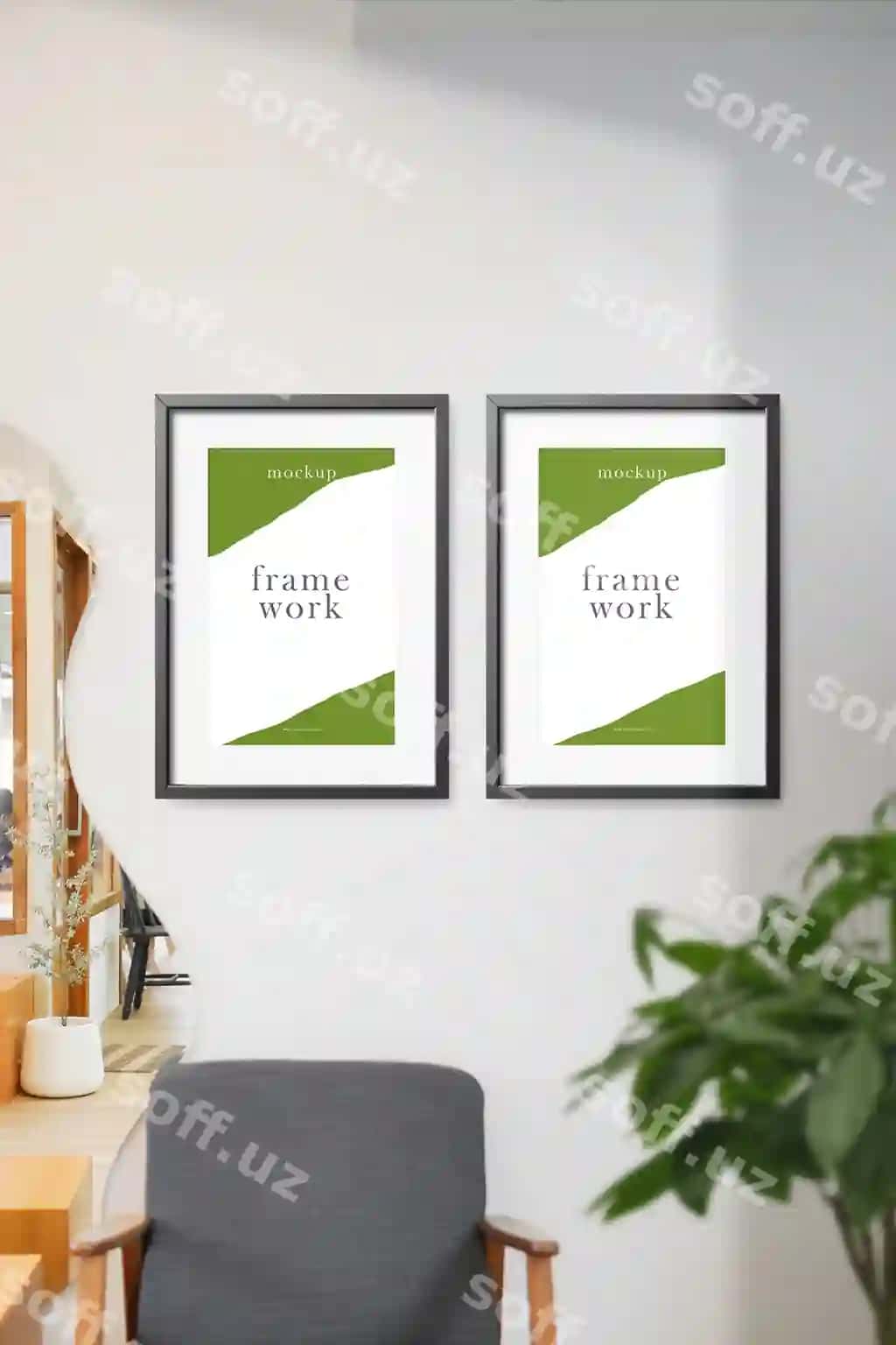 Minimal ramka maketi kafe fonini stul o'simlikining old tomoni bilan tozalang | Clean minimal frame mockup cafe background with chair plant foreground