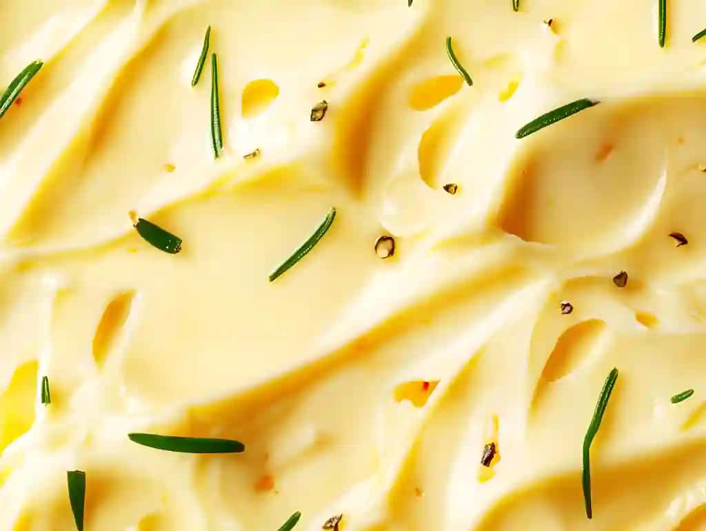 Silliq teksturali jonli yashil dog'larni ko'rsatadigan o'tlar bilan kremsi mayonez | Creamy mayonnaise with herbs showcasing smooth texture vibrant green flecks