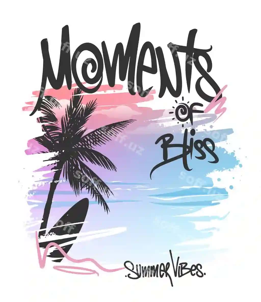 Palma daraxti bemaqsad taxtasi gradient fon t bilan lahzalar baxt | Moments bliss with palm tree surfing board gradient background t