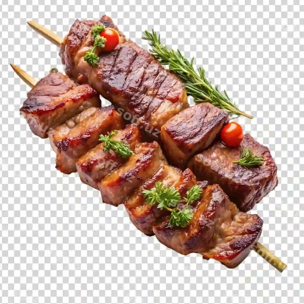 Chiroyli kebaby tashqari qovurilmoqda shaffof orqa fonda | Beautiful kebabs grilling outdoors transparent background