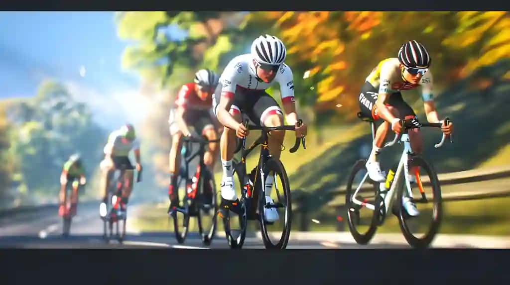 Tabiat manzarasidagi shiddatli velosiped poygasining yaqin surati | Intense cycling race closeup nature setting