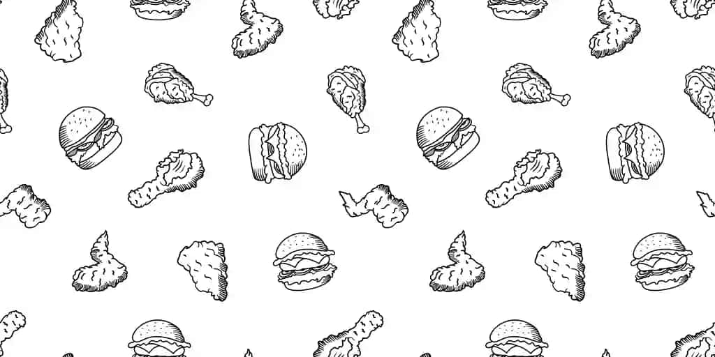 Qovurilgan tovuq naqshli fon fonida qovurilgan tovuq namunasi | Fried chicken seamless pattern background doodle fried chicken pattern