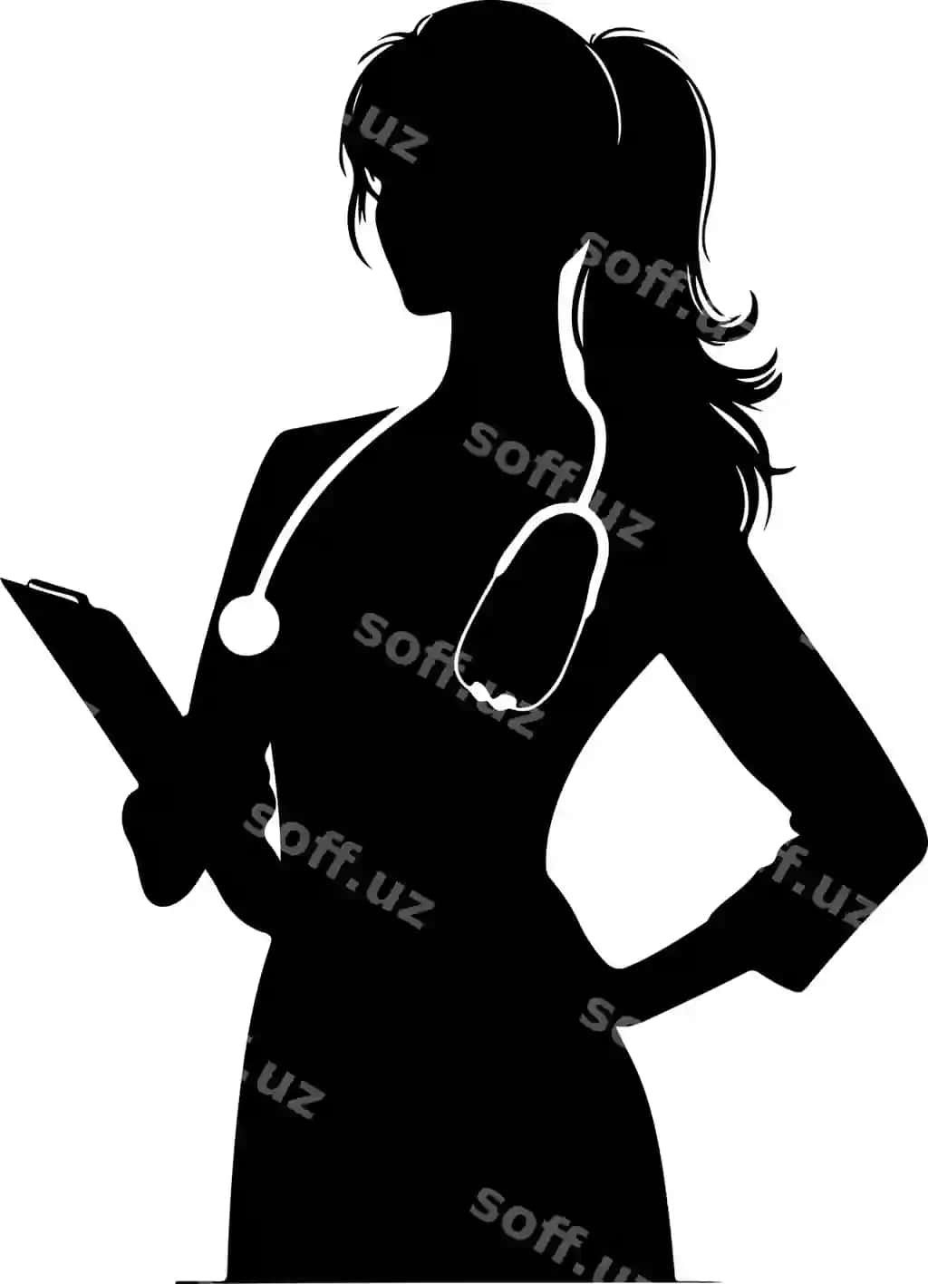 Ayollar shifochi vektor silueti turib o'tirilgan qora rangdagi siluetasi | Female doctor vector silhouette standing pose black color silhouette
