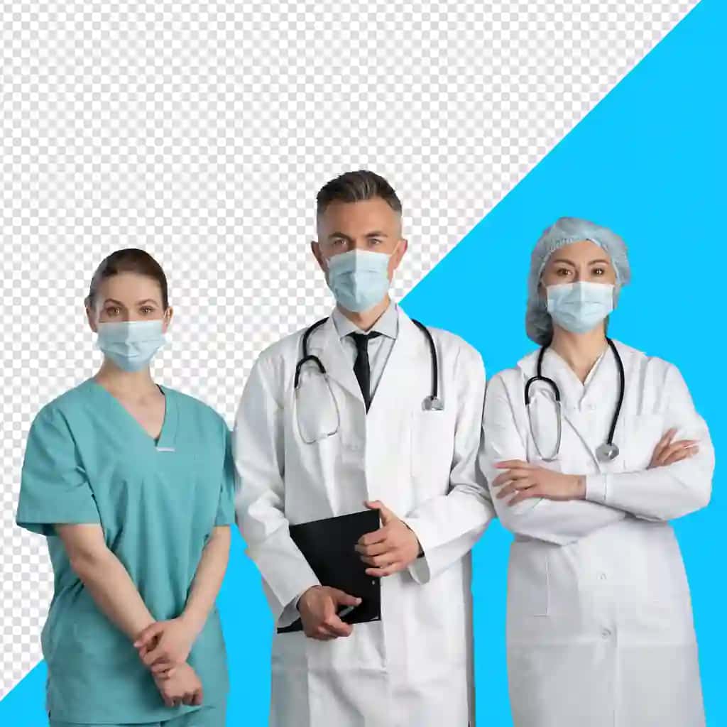 Psd uchta shifokor ayol oq xalatli transpsraent bilan oldida turibdi | Psd three doctors woman white coats are standing front with tranpsraent