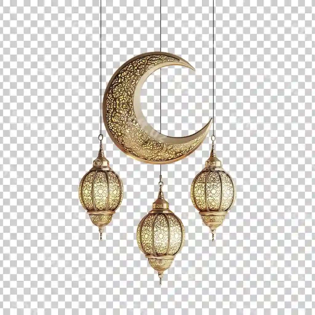 Bezatilgan hilol uch murakkab choriq Ramadan shaffof | Ornate crescent moon with three intricate lanterns ramadan transparent