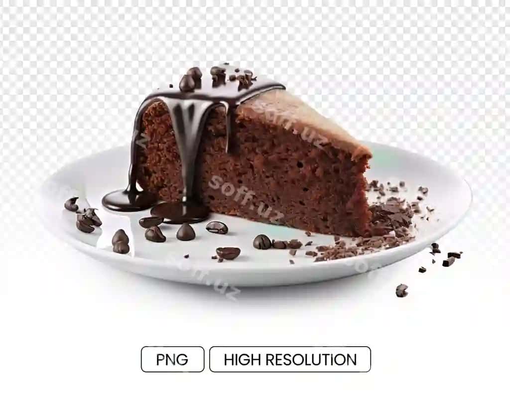 Eritilgan shokoladli oq plastinka bilan bo'lakli kek | Piece brownie cake with melted chocolate white plate