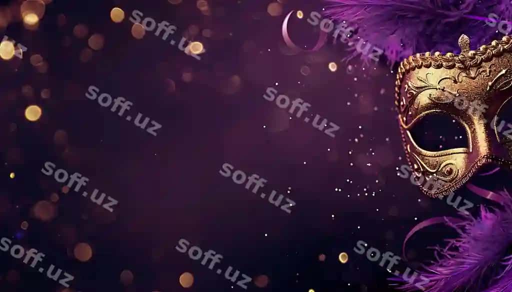 Oltin maska binafsha tumanlar bilan binafsha bokeh orqa fonda | Gold masquerade mask with purple feathers purple bokeh background