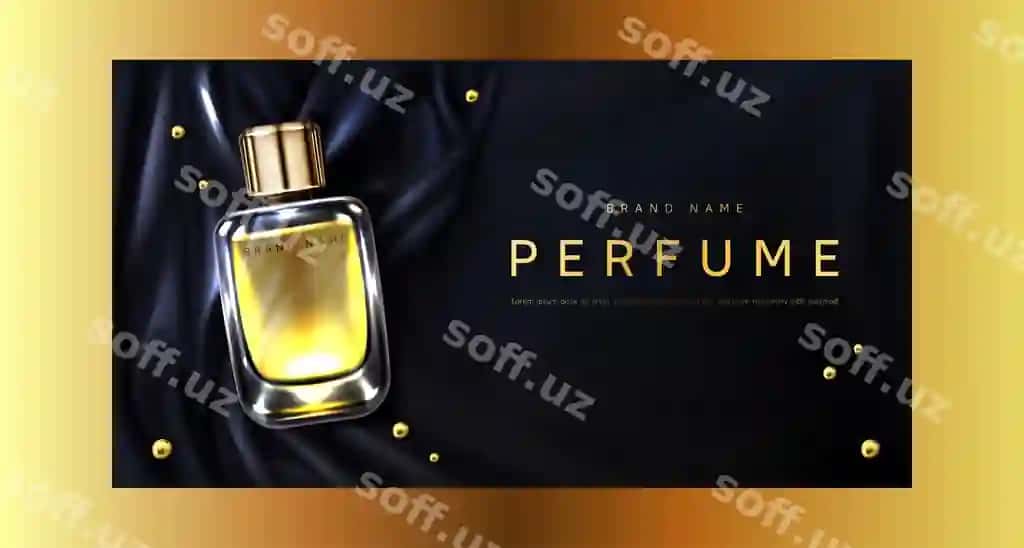 Parfyum shisha qora ipak mato orqa fon namuna | Perfume bottle black silk fabric background mockup 2