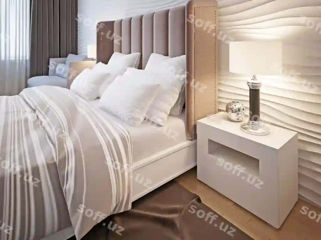 Yotoq xonasi yotoq mebellar va lampali yotoq jadvali bilan | Bedroom with bed linen nightstand with lamp
