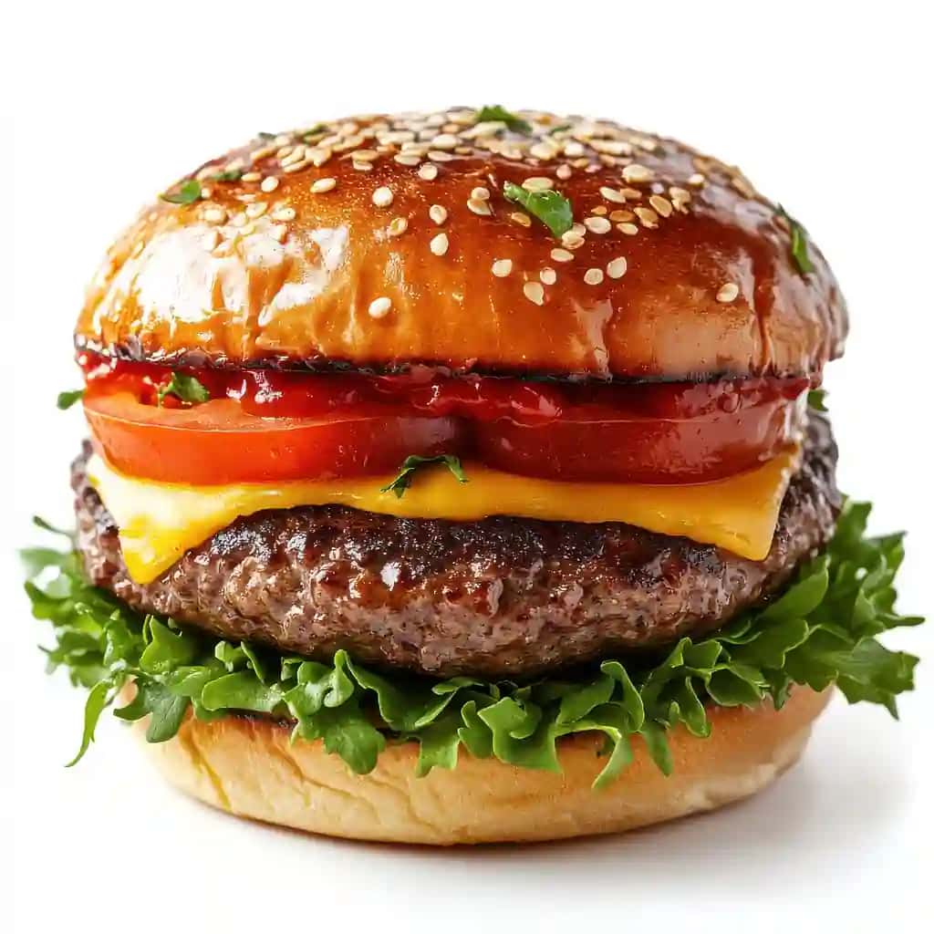 Suvli mol go'shti yangi qo'shimchalari bilan to'ldirilgan mazali burger shaffof fon, shaffof png | Savory burger loaded with juicy beef fresh toppings transparent background transparent png