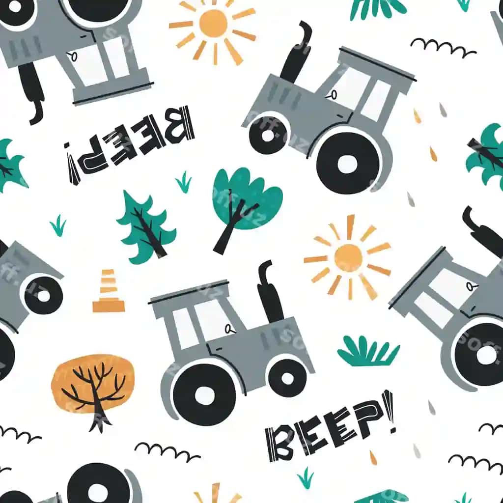 Yoqimli ko'k traktorlar naqshli yotoqxona bilan vektor choksiz naqsh | Vector seamless pattern with cute blue tractors pattern bedroom