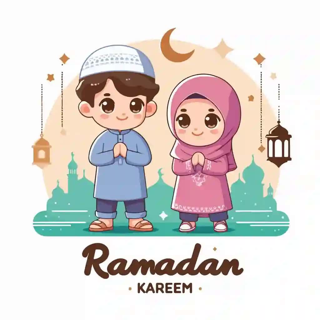 Ramazon oyini nishonlayotgan musulmon bolalarning vektor tasviri | Vector illustration muslim kids celebrating ramadan flat design