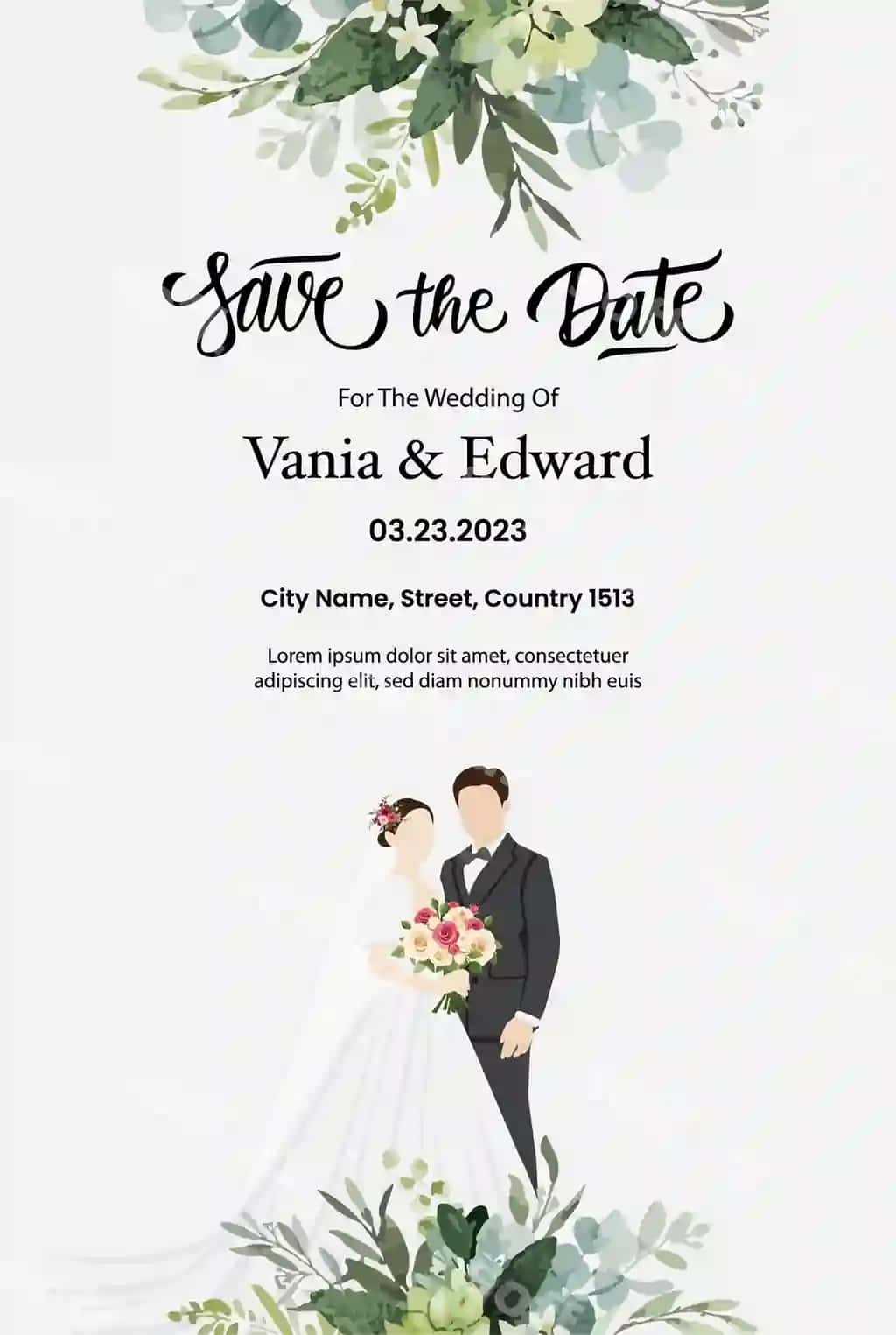 Yoqimli juftlik kelin kuyov bilan to'y taklifnomasi multfilm vektori | Wedding invitations card with cute couple bride groom cartoon vector