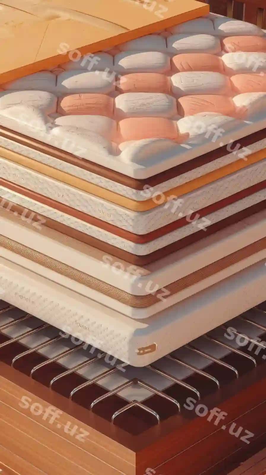 Ko'pl qatlamli ortopedik matraning tuzilishi 3D render | Structure multi layer orthopedic mattress 3d rendering