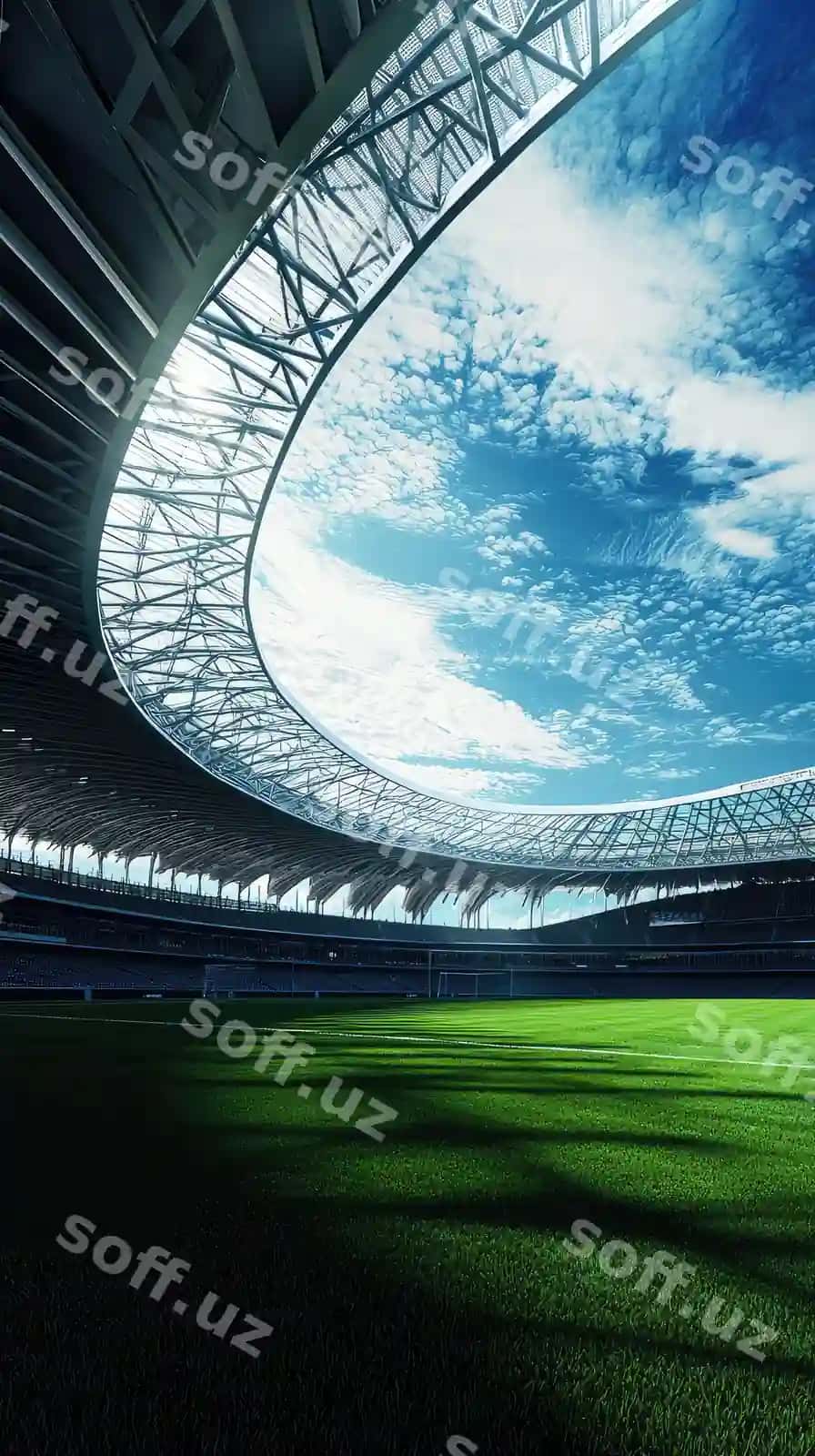Tomi ochiladigan futuristik stadion ochiq havoda quyosh nurlari bilan to'kilgan | Futuristic stadium with retractable roof bathed sunlight streaming through open