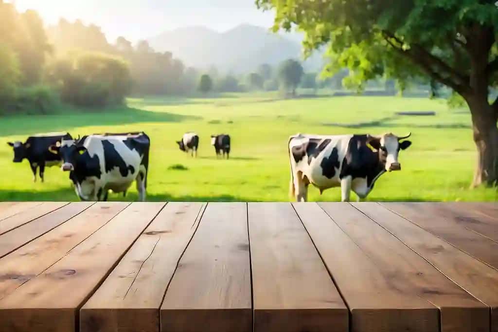 Bo'sh yog'och stol usti xira yashil o'tloqli sigirlar ertalab yorug'lik fonida | Empty wooden table top with blur green meadow cows morning light background