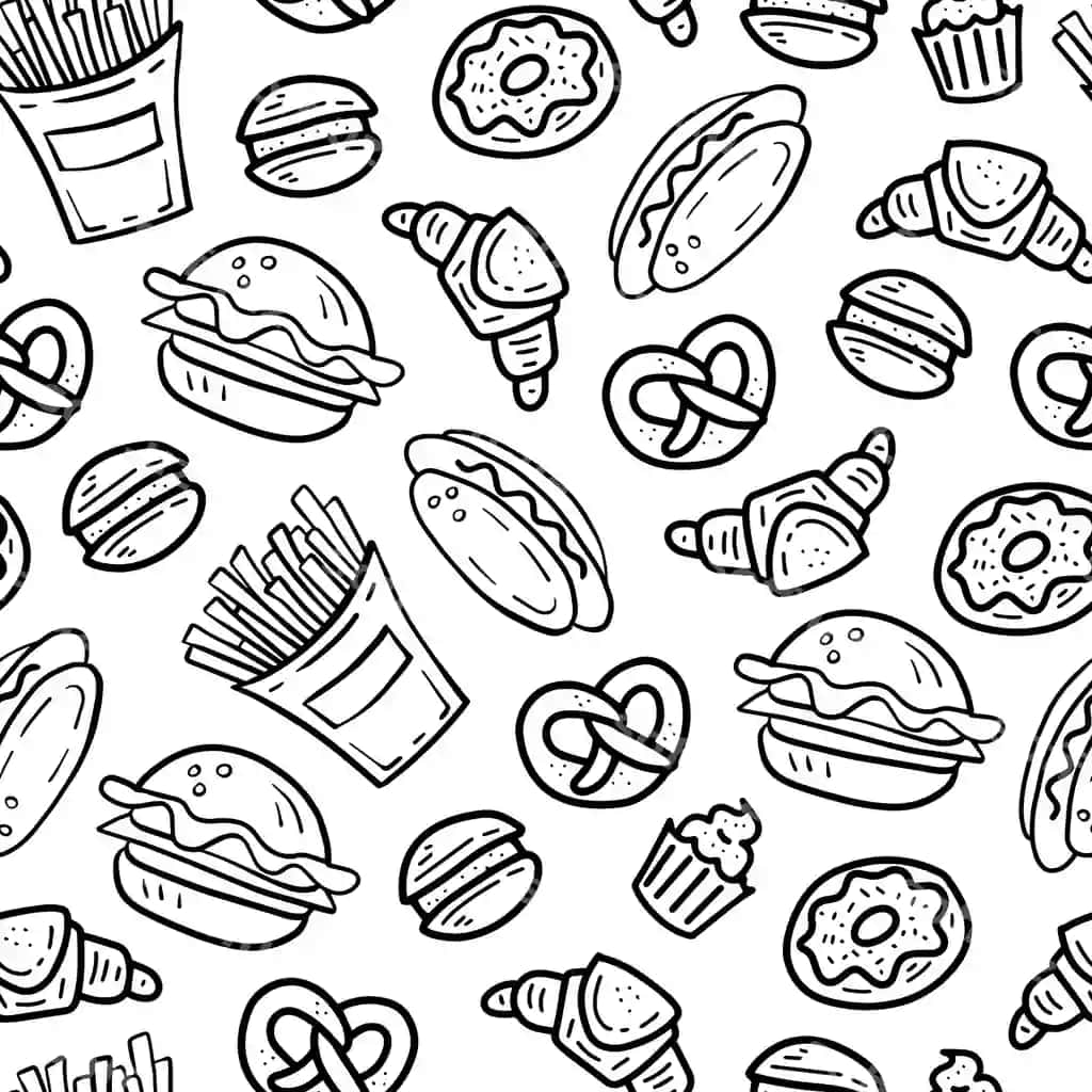 Fast tamaddi qilishga oid elementlarning uzluksiz naqshli dudle | Fast food elements seamless pattern doodle