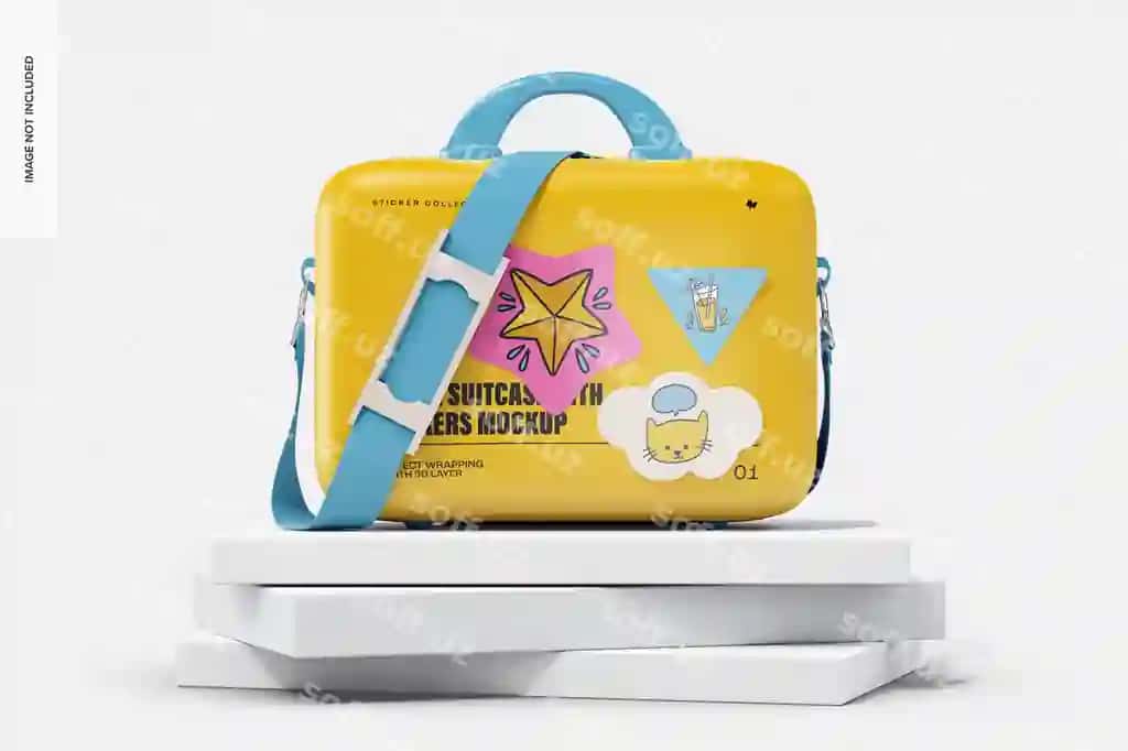 Oldindan ko'rinishi maket stikerli kichik chamadon | Small suitcase with stickers mockup front view