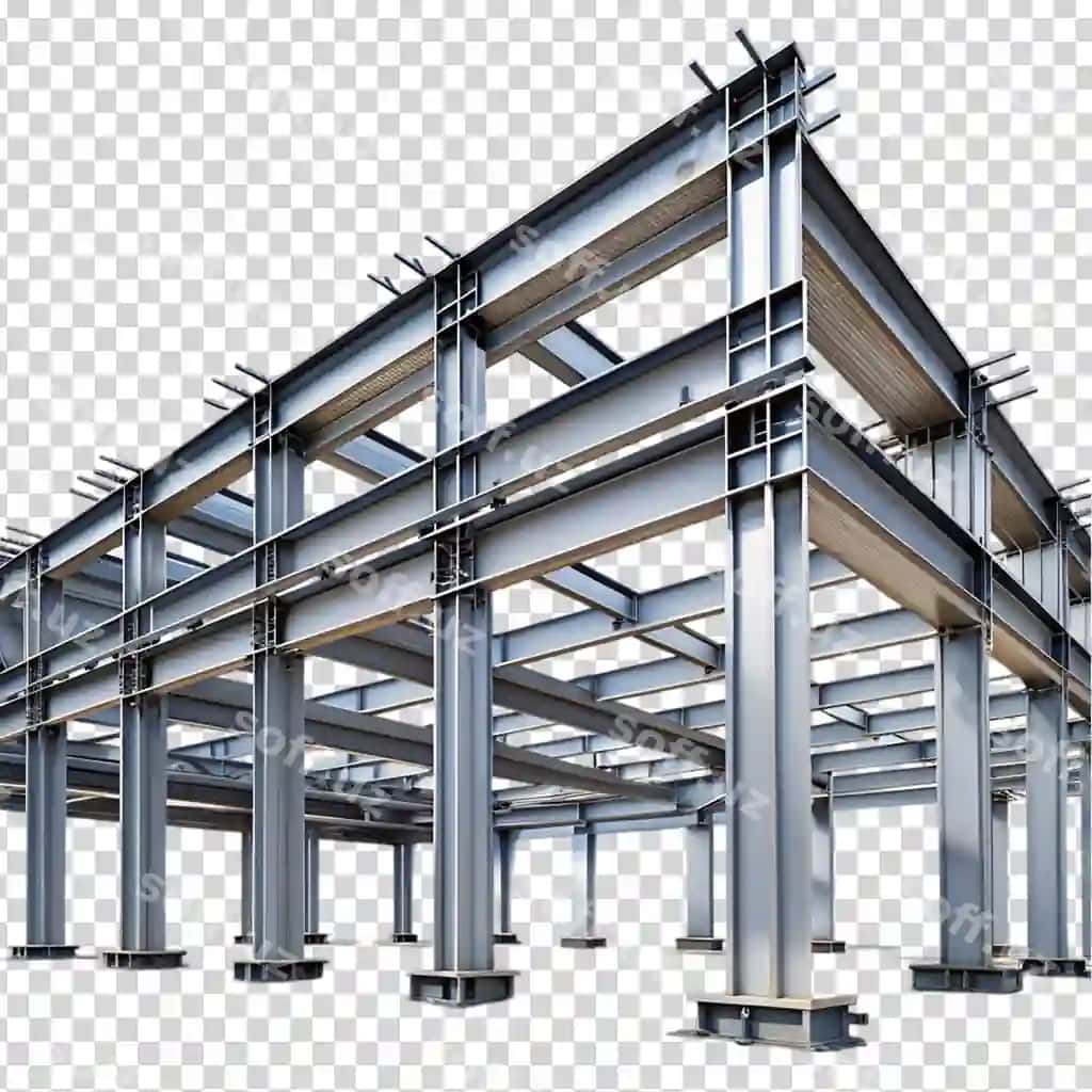 Moviy nurli metall bino shaffof fonni qo'llab-quvvatlaydi | Metal building with blue beams supports transparent background