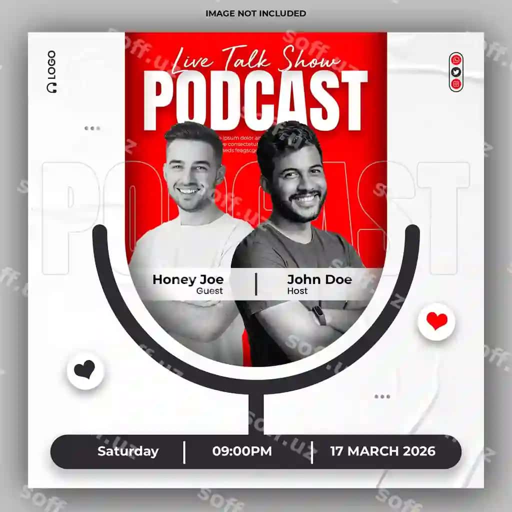 Podcast jonli tok-shousi kvadrat flyer ijtimoiy media post shabloni | Podcast live talk show square flyer social media post template