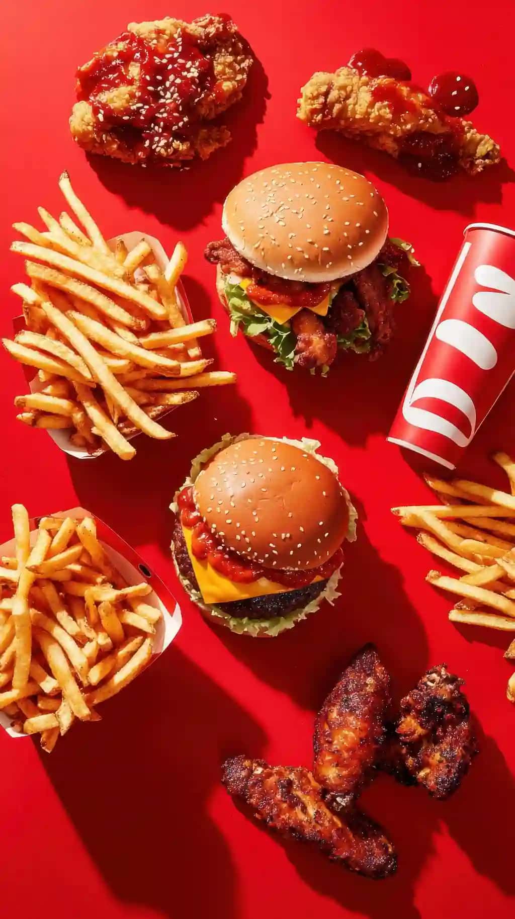 Rangli cheeseburgerlar bilan to'ldirilgan kartoshka va achchiq qanotlarning jonli sozlamasidan bahramand bo'ling | Savor colorful cheeseburgers loaded fries spicy wings lively setting