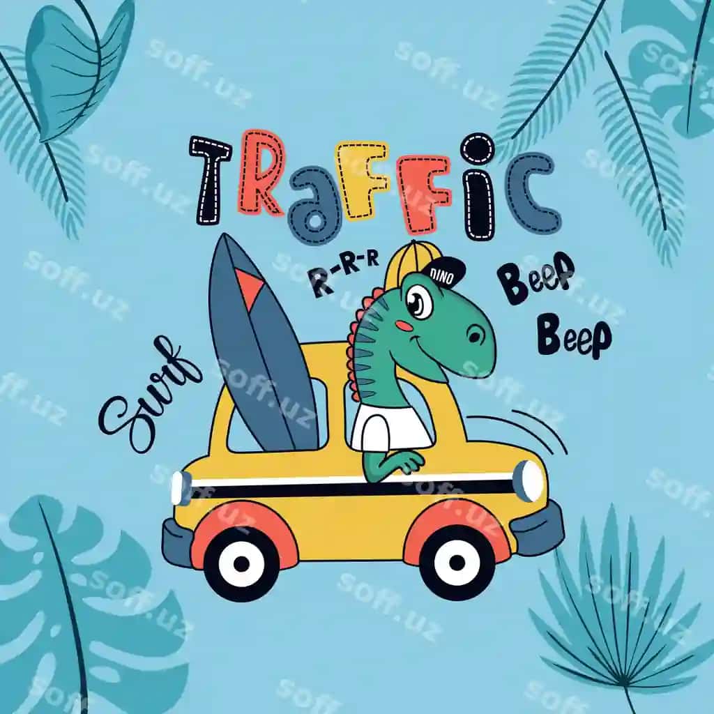 Karyukachcha rasmi dinosavruk mashinada tirashtirgan so'zlar bilan trafik | Cartoon image dinosaur riding car with words traffic it