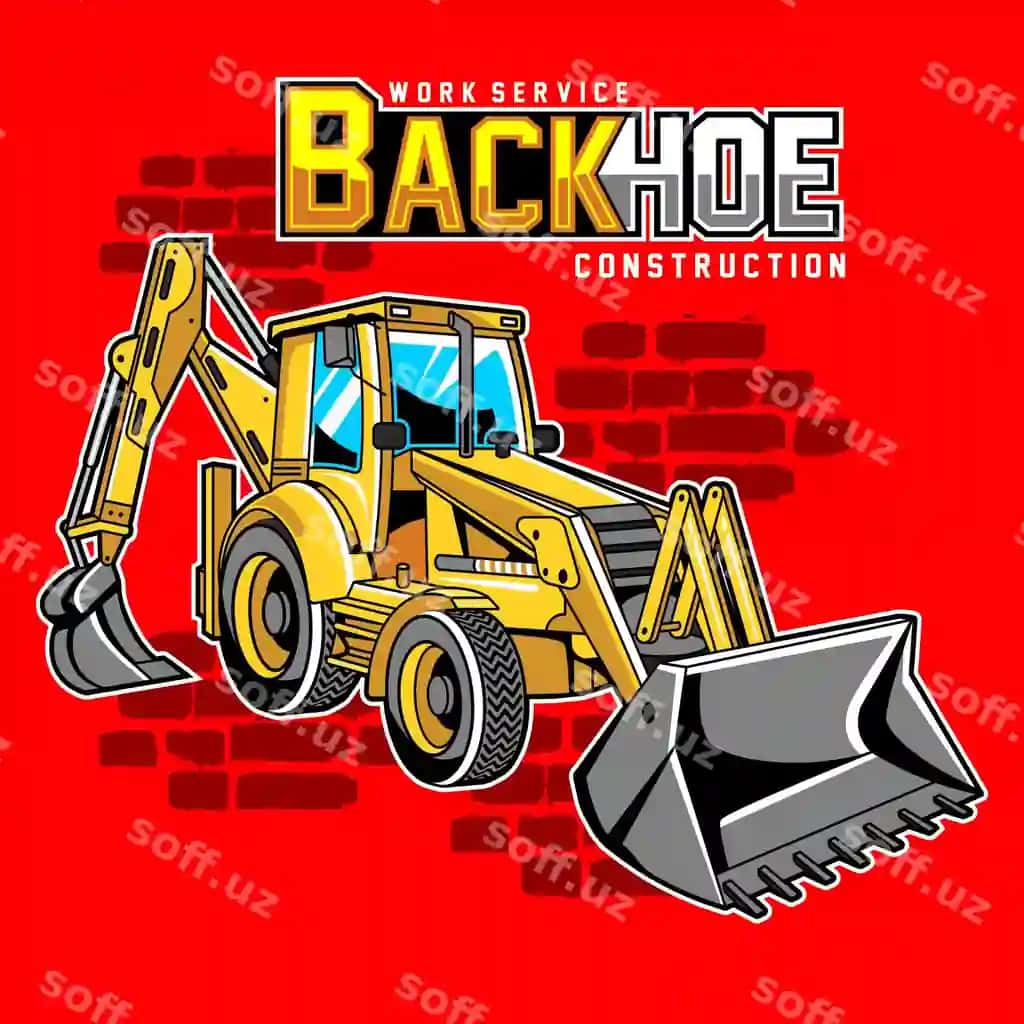 Sariq yuk mashinasi katta belkurak bilan qizil fon | Red background with yellow truck large shovel