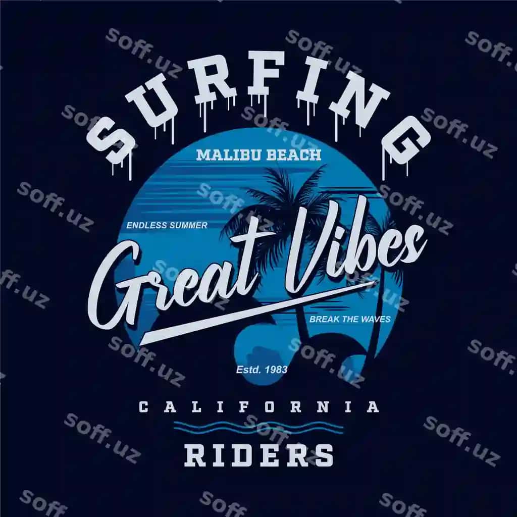 Malibu plyazhi Kaliforniya surflang haydovchilar ajoyib hissiylar grafik vektor | Malibu beach california surfing riders great vibes graphic vector
