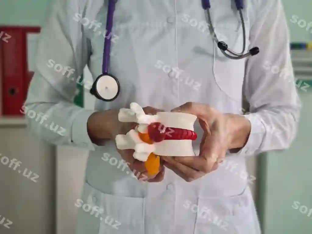 Yaqin surat ayollar tabibining qo'l qismi sun'iy disk gerniyatsiyasi boshqich modeli bilan | Closeup female doctor hand with artificial disc herniation spine model