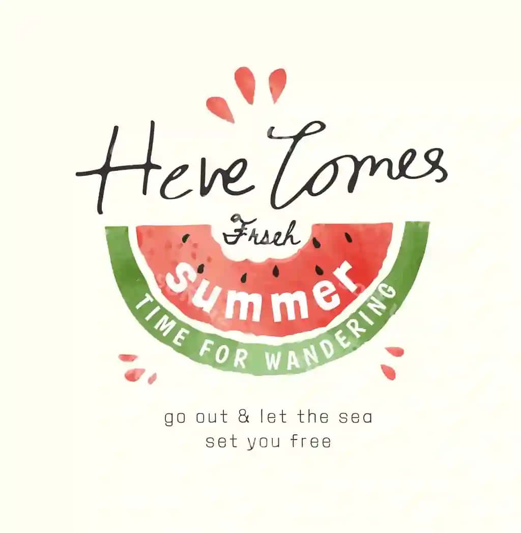 Hozir keladi yangi yoz slogani tarvuz yarımi doy illustratsiyasi bilan | Here comes fresh summer slogan with watermelon half slice illustration
