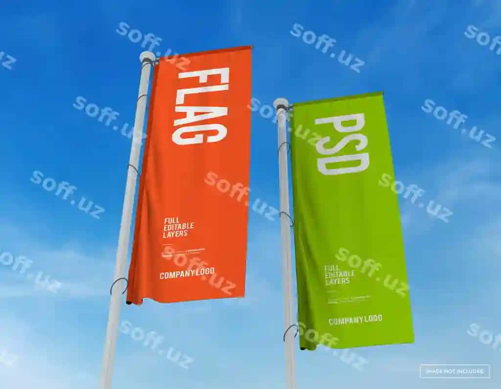 Ikki vertikal bayrogʻi dizaynining perspektivdan koʻrinish namunasi | Mockup two vertical flags design from perespective view