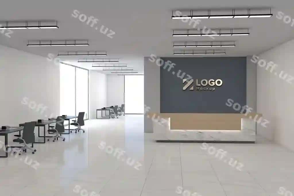 Ofis resepsiyoni maketi old ko'rinishdagi interyer dizayni | Office reception desk mockup front view interior design