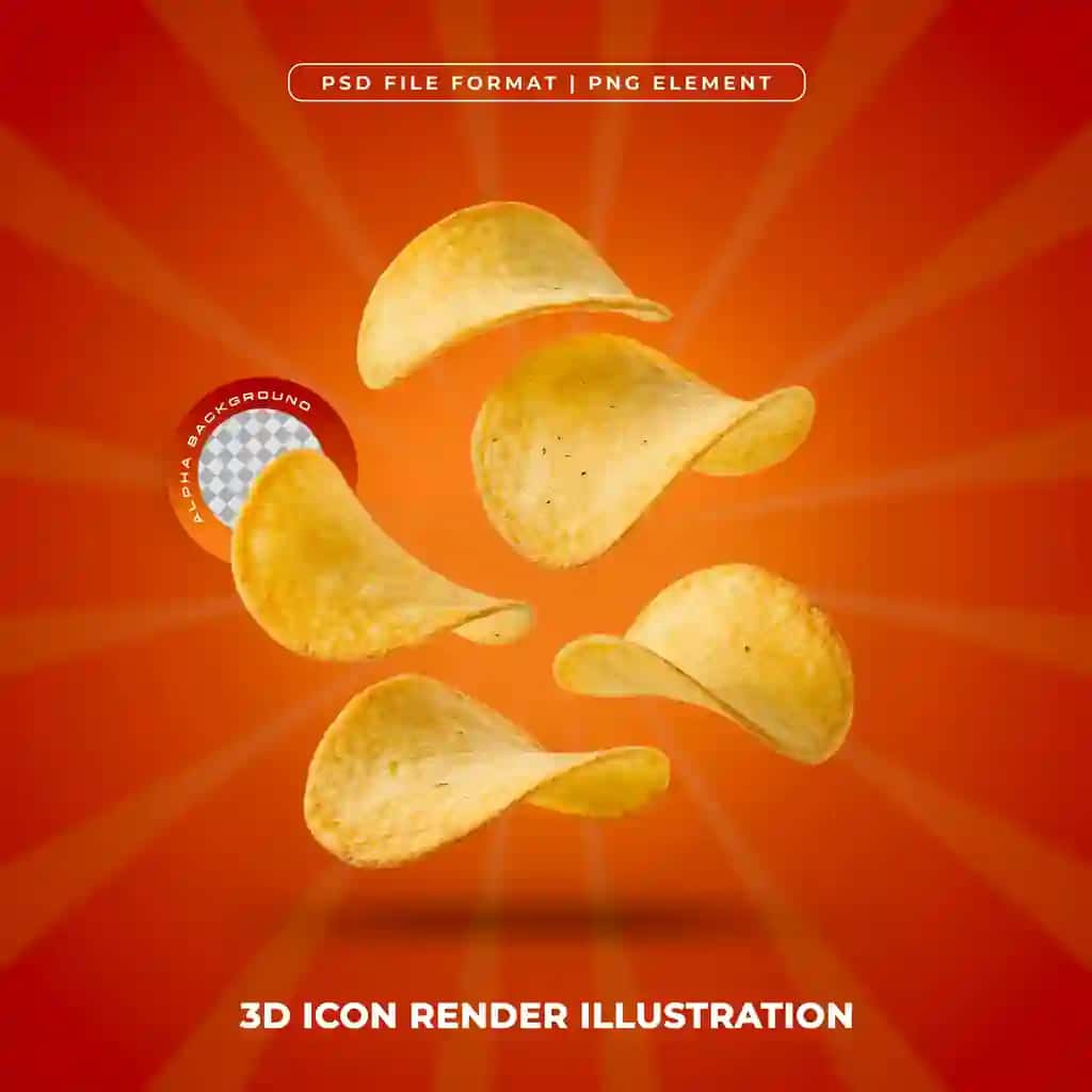 Qarsildoq 3D kartoshka chiplari realistik gazak illyustratsiyasi | Crispy 3d potato chips realistic snack illustration